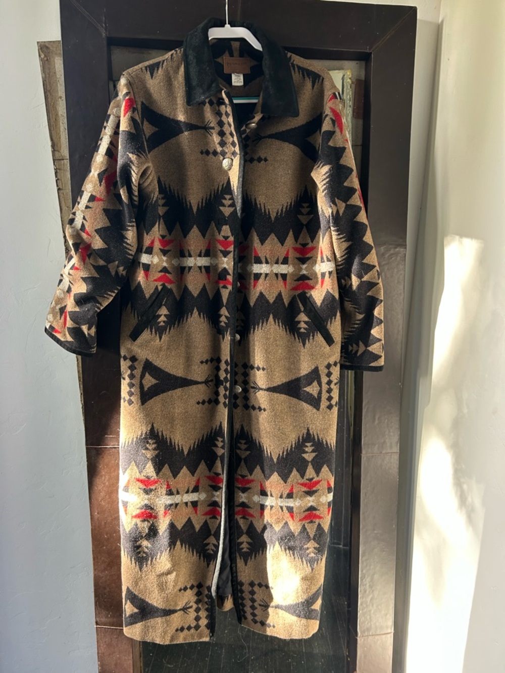 Pendleton Aztec Wool-Blend Trench Coat in Brown, Black & Red